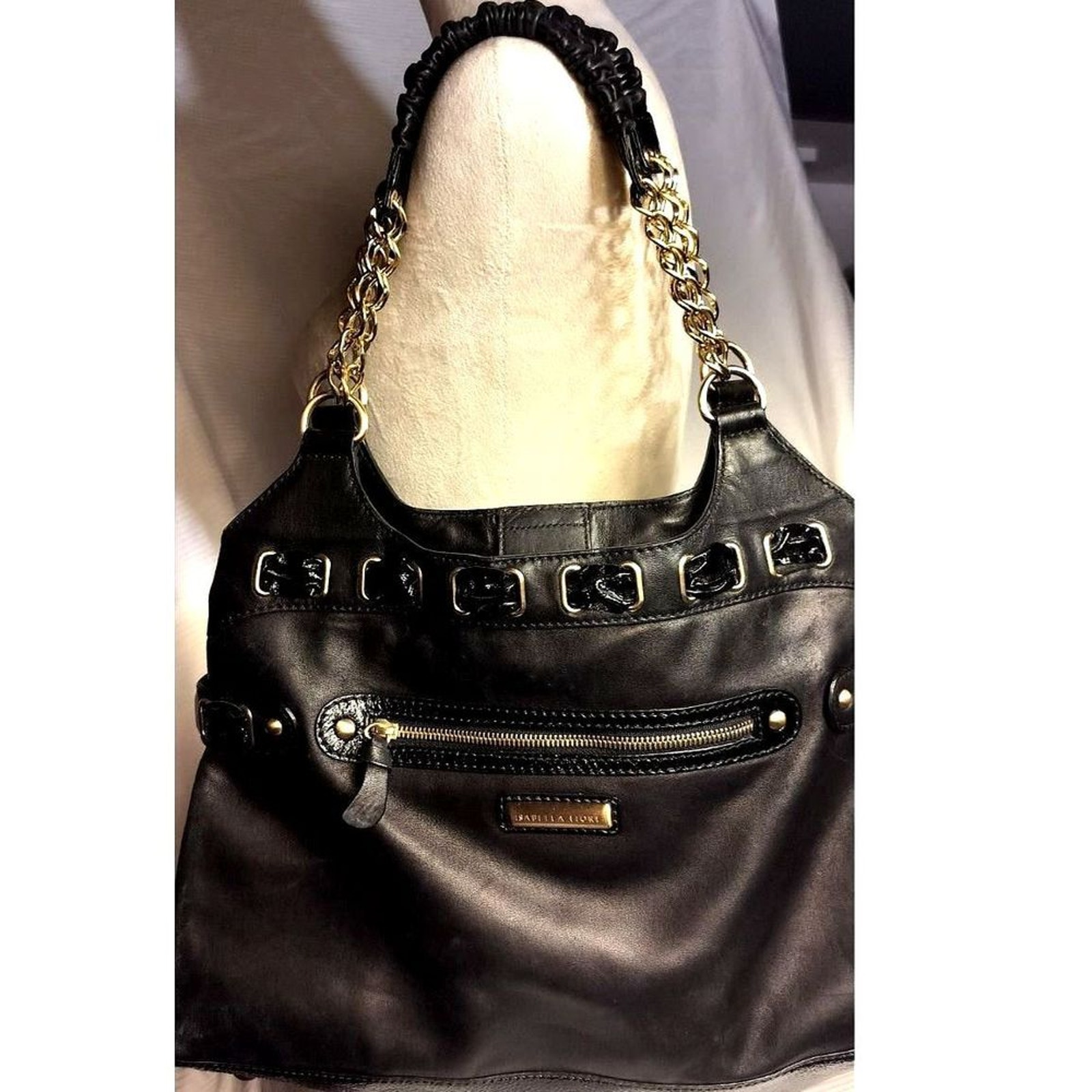 Isabella Fiore Nwot Black Patent/Soft Leather Shoulder Bag With Gold Metalware